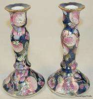 1970s Japanese hand painted porcelain 2 candlesticks by Toyo pottery 