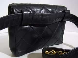   Purse Flap Waist Hip bag BLACK Leather Porch 85/34 Gold Chain  