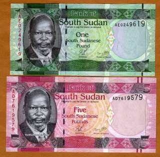 Set, SOUTH SUDAN, 1 + 5 Pounds, 2011, P New UNC  