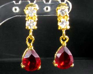 Oval Cut Red Ruby Yellow Gold GP Drop Stud Earrings  