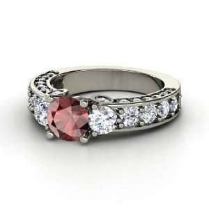    Rebecca Ring, Round Red Garnet Platinum Ring with Diamond Jewelry
