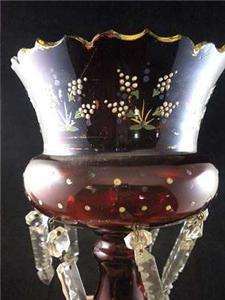 Old CRANBERRY RED GLASS Mantle LUSTER w/ 8 PRISMS ENAMEL Floral Design