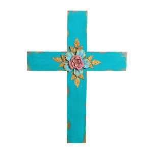 Wilco Imports Teal Blue Wooden Cross with Metal Floral Center, 15 Inch 