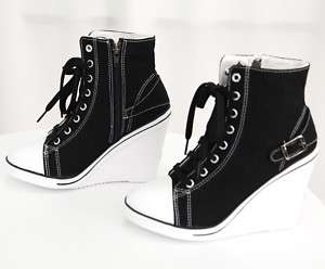   TOP LACE UP WEDGE SNEAKERS Shoes BLACK US 6~8, 3.93 inch Heel  