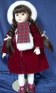 VICTORIAN STYLE PORCELAIN DOLL WINTER DRESS 16 w/stand  