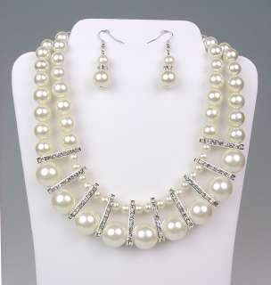 ELEGANT Bridal Dressy Creme Pearls Crystals Drape Necklace Earrings 