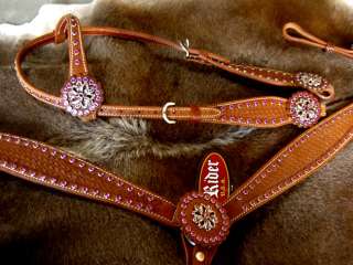   COLLAR WESTERN LEATHER HEADSTALL PURPLE FLORAL HORSE TACK HS226  