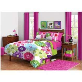   Green Pink Purple Bright Flower Floral Twin Comforter Set 