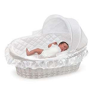 Badger Basket White Wicker Moses Basket with Hood and White Bedding 