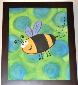 Hand Painted Green & Blue Bee Wall Canvas Art  