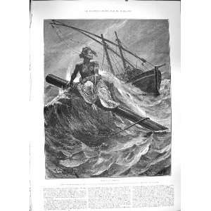  1889 SHIP WRECK RESCUE LIFE BOAT SEA ANTIQUE FINE ART 