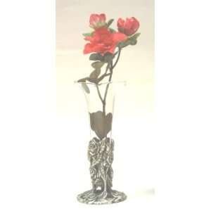  Pewter Roses Vase Holder w/Blown Glass Vase