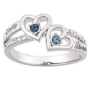   Sterling Silver Engraved Couples Heart Birthstone & Name Diamond Ring