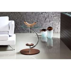  Modern Walnut Color Glass Top Round End Table / Accent 