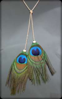 Vintage Green blue Peacock Feather Necklace Gold GP NEW  