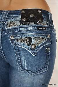 NEW Miss Me Jeans Black LACE Silver crystals studs stretch FLAP 