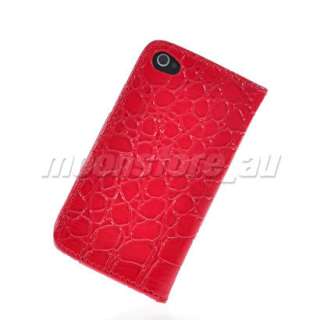   LEATHER WALLET FLIP POUCH CASE COVER FOR APPLE IPHONE 4 4G RED  