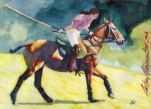PRINT OF WATERCOLOR PAINTING HORSE POLO SPORT 8.2x11.8  