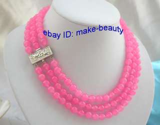 stunning 3rows 8mm round pink crude jade beads necklace 9K  