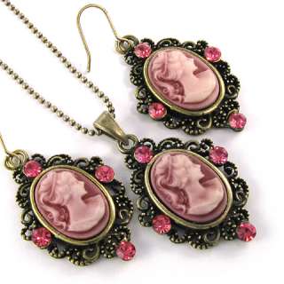   Antique Vintage Style Pink Cameo Rhinestone Necklace & Earrings Set