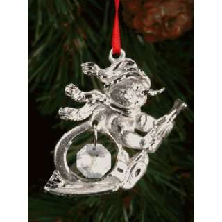   0046 Snowman Riding a Shovel Silver Pewter Ornament