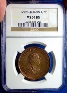 NGC MS 64 1799 BRITISH HALFPENNY AMERICAN COLONIAL MONEY INCLUDING 