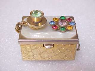 Vintage Rhinestone Telephone Pill Change Box Bracelet Charm Multi 