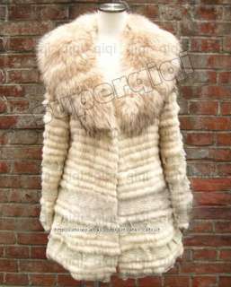 100% Real Genuine Rabbit Fur Long Coat Super Raccoon Collar Jacket 