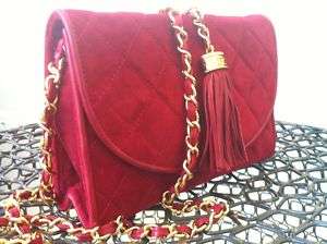 CHANEL Red Suede Quilted Flap+Tassel Chain Bag Handbag  