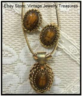   Amber Swirl Glass Scarab Gold Tone Pendant Necklace & Clip Earring Set