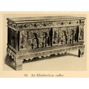  1919 Print Elizabethan Period Carved Wood Coffer Chest 