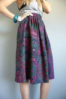   80s Dark FLORAL PLEAT High Waist Boho hippie Midi Dress Pocket SKIRT S