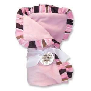   Maya Velour Baby Blanket in Pink with Striped Trim
