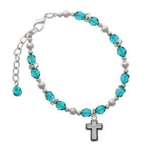 Silver Cross with Rope Border Teal Czech Glass Beaded Charm Bracelet 
