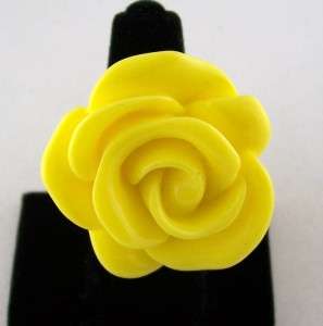 Chunky Yellow Lucite Rose Flower Cocktail Ring, New  