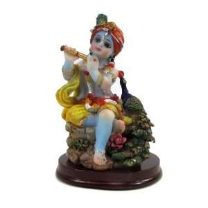 Hindu Deity Krishna with Peacock Polyresin Figurine, Full color and 