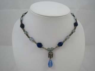 Vintage Blue Lampwork Glass Bead Drop Necklace 16.5  