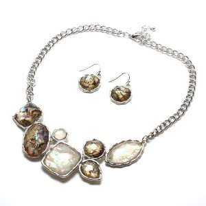 Fashion Necklace Set; 18L; Silver Metal; Beige And Brown Pearlescent 