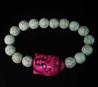   Hot Pink Buddhist Buddha Head Ball White Bead Stretch Bracelet  