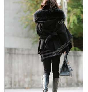   Breasted Batwing Cape Poncho Fur Collar Hooded Coat Jacket New  