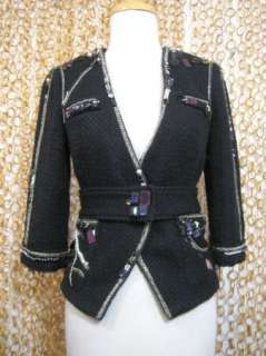 LAROK La Rok Womens Black Jeweled Belted Wool Blend Blazer Jacket sz 
