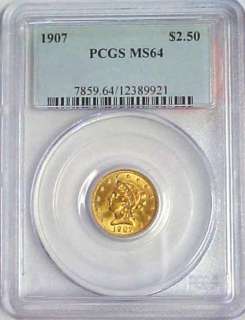 BLAZN 1907 $2 1/2 DOLLAR LIBERTY GOLD COIN PCGS MS64  