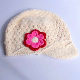Toddler Baby Girls Cute Flower Motif Crochet Woolly Hand Knitted Cap 