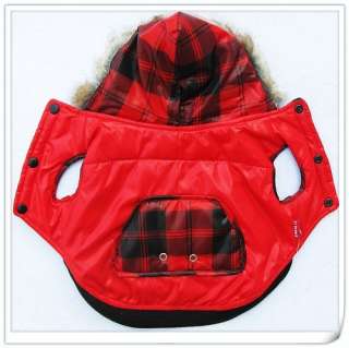 Red CHECK Fur Hoodie warm coat jacket dog pet clothes  
