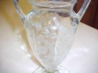 Tiffin Crystal Fuchsia 11 Etched Trophy Vase NICE  