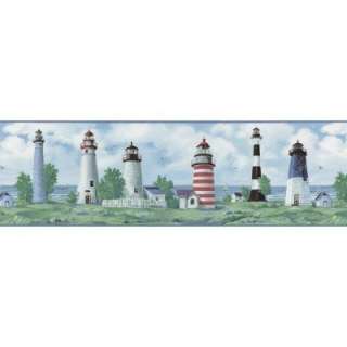 The Wallpaper Company 8 in X 10 in Blue Lighthouse Border Sample 