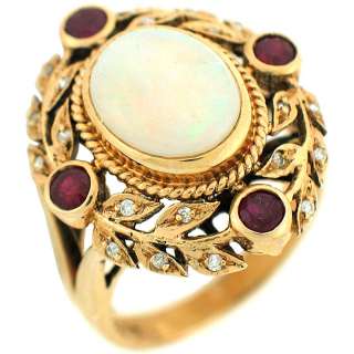 Opal Solitaire With Ruby & Diamonds Ladies Antique Cocktail Ring 14k 