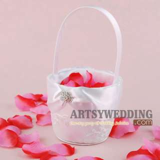 New White Satin & Lace Rhinestoned Wedding Flower Girl Basket Favors w 