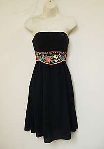 Free People Sz 4 Black Embroidered Strapless Empire Waist Mixed 