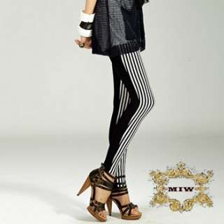   Tone Black & White Stripes Prints Cotton Skinny Pants Leggings  